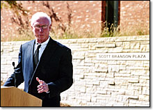 photo of Helmick speaking about the Helmick Commons Project provided by drake.edu